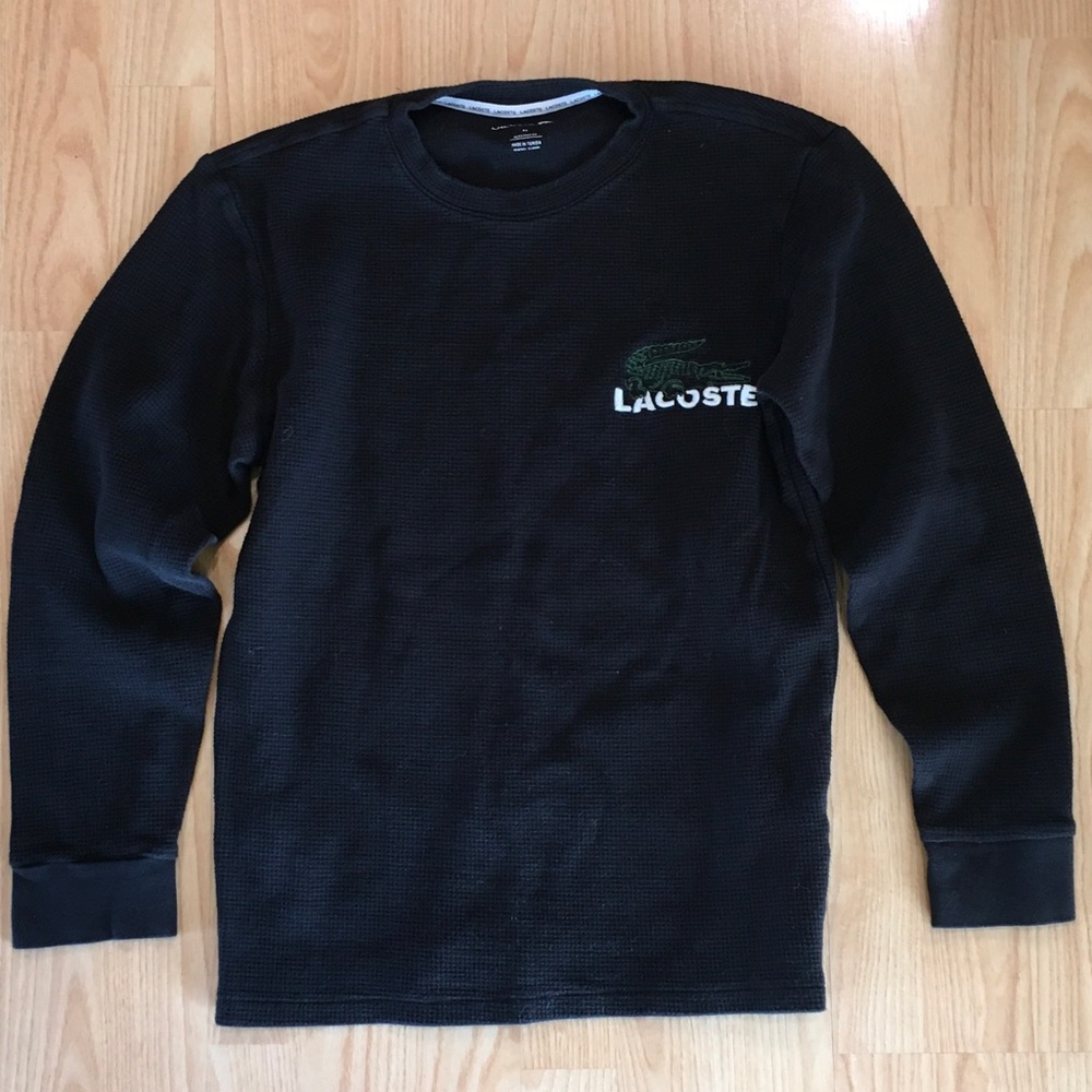 Lacoste Black Crewneck Thermal with Green Crocodile Logo